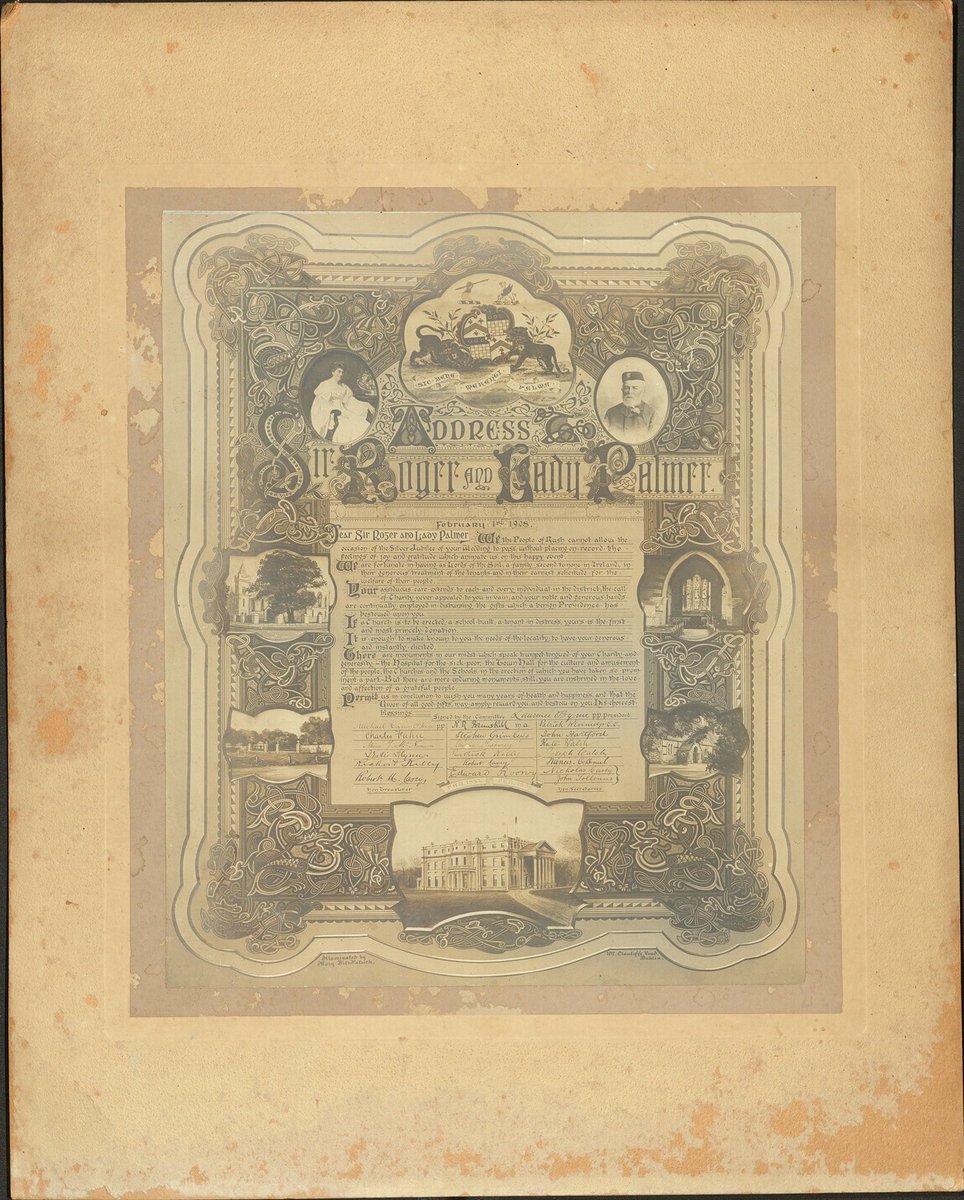 KenureP's tweet photo. A beautifully decorated letter from the people of Rush to Sir Roger and Lady Palmer on their silver wedding anniversary in 1908 signed by 20 locals in the Fingal libraries collection. The last Palmer Baronet and Lady who were generous patrons of Rush village https://t.co/CCCa2crInL