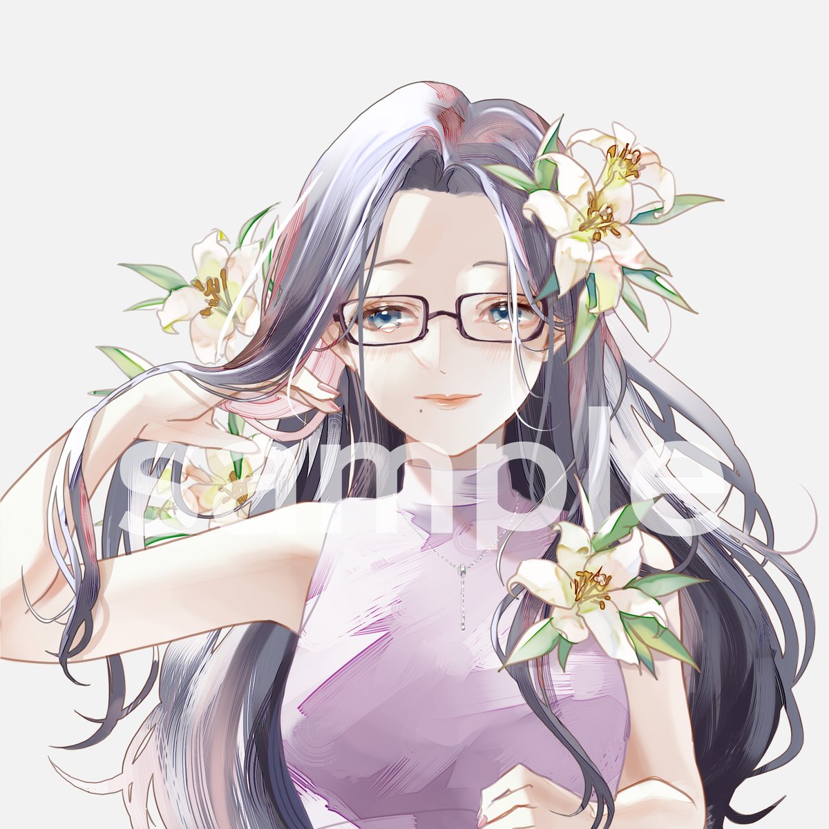 1girl solo flower glasses long hair mole under mouth sample watermark  illustration images