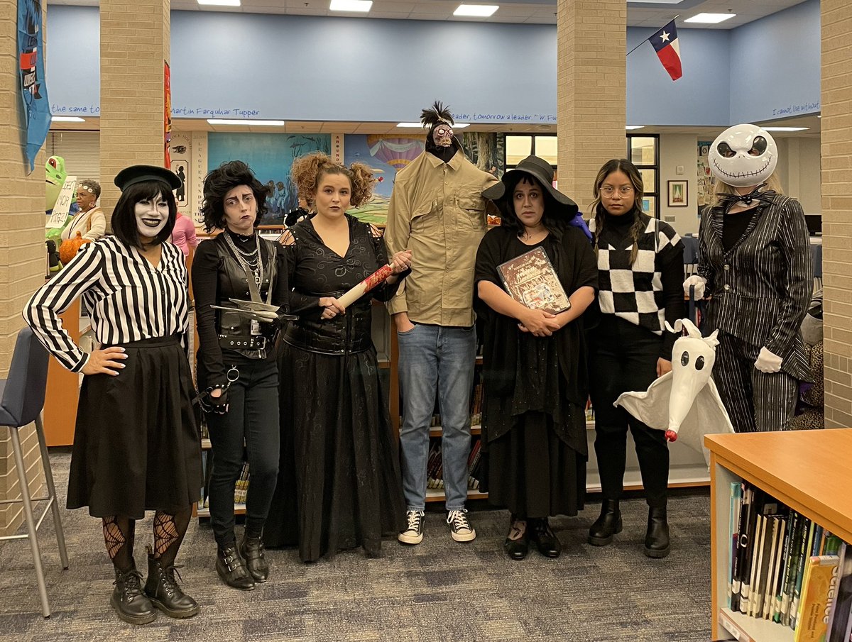 ashlyngrem's tweet photo. Halloween 2023! Tim Burton characters for the fine arts team 🖤💀👻 #missspider #jamesandthegiantpeach #edwardscissorhands #mrslovett #sweenytodd #shrunkenhead #lydiadeetz #beetlejuice #wednesdayaddams #jackskellington #zero #thenightmarebeforechristmas #timburton #Halloween2023 https://t.co/HMHKleeyEu