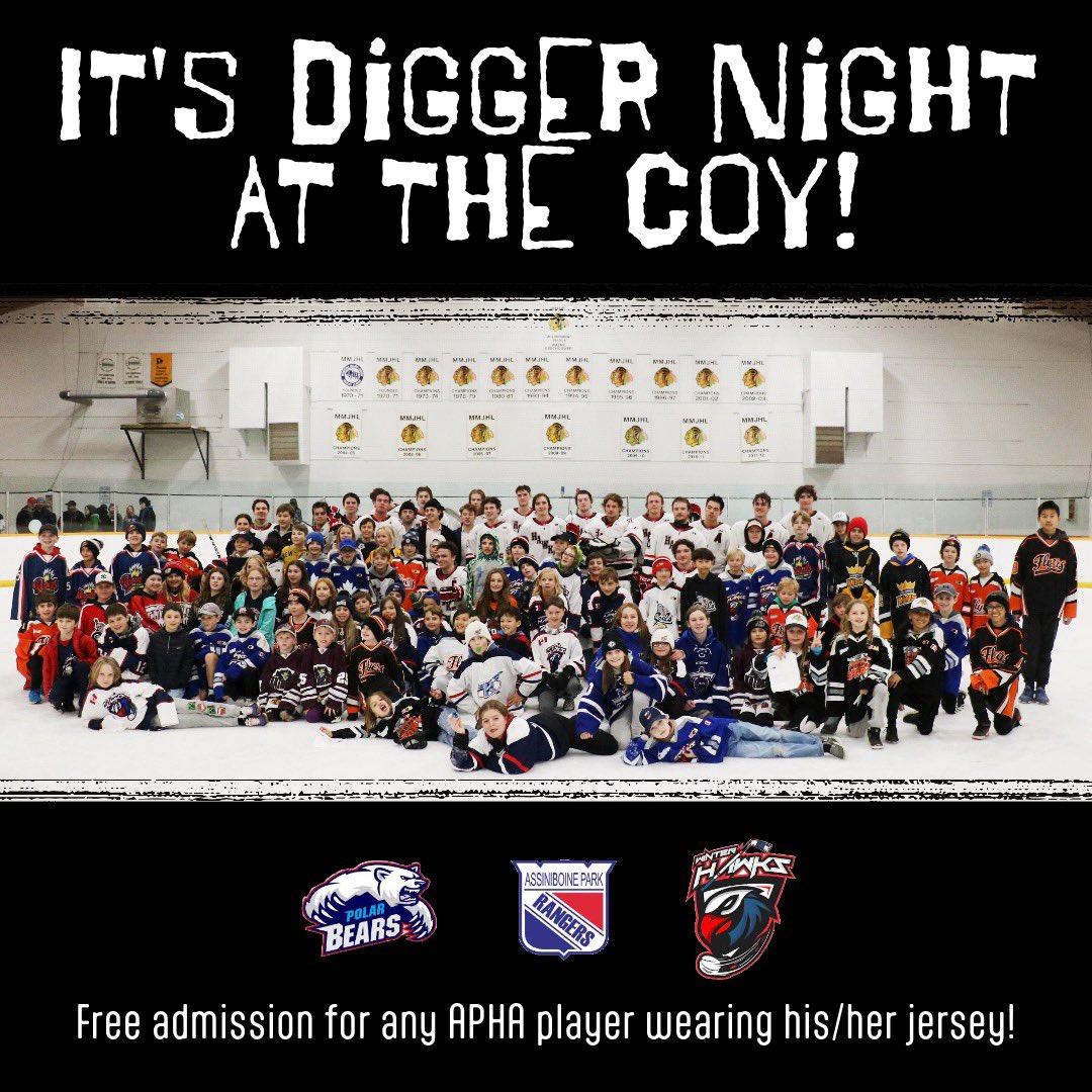mmjhlhawks's tweet photo. It’s gameday AND Digger Night at the Coy! Come cheer on the boys and celebrate all the Diggers from the Rob/West tournament with us! Puck drops at 7:30 pm! #charleswoodvseverybody #mmjhlhawks #gohawks #mmjhl #forwayne #fordarryl #thecoy #diggernight https://t.co/Fj3i0SlXkh