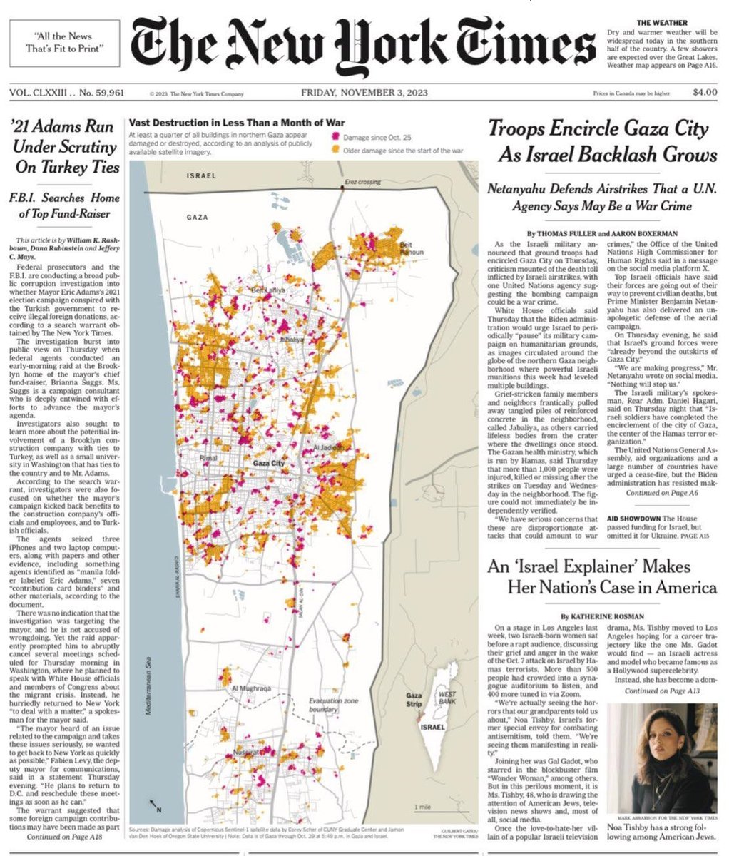 Our satellite radar based damage map of Gaza is on the front page of the New York Times today. This is the result of a collaboration with @coreymaps and @wallacetim to document the effects of the war across all of Gaza every 5-6 days.