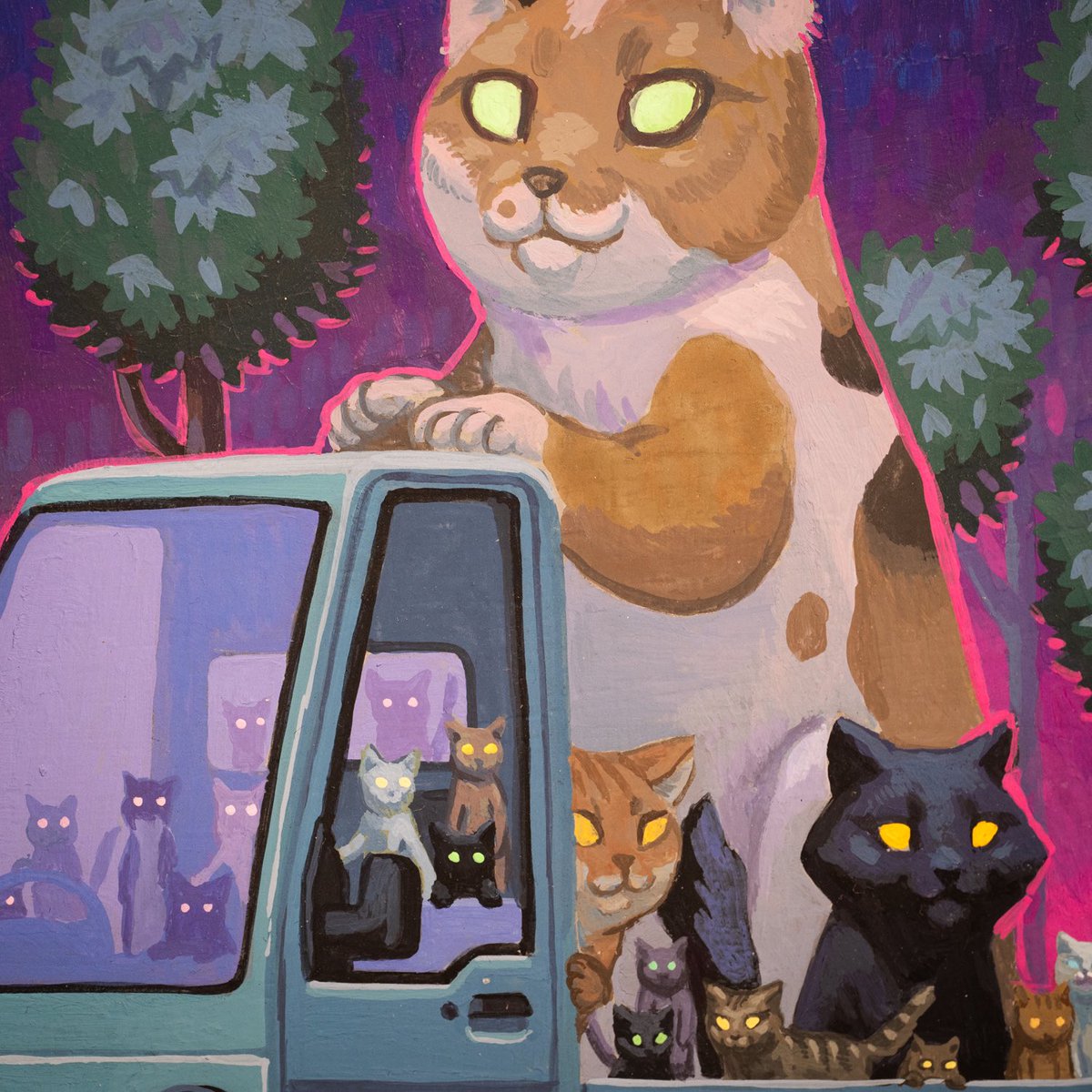 artpm's tweet image. Cats… a painting I made for the Meow Brow Show at Gallery Ergo in Seattle.