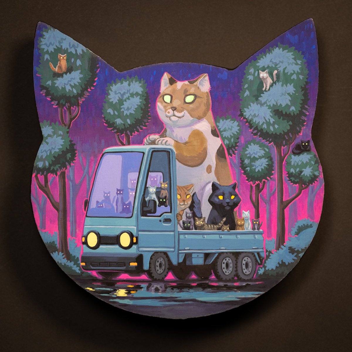 artpm's tweet image. Cats… a painting I made for the Meow Brow Show at Gallery Ergo in Seattle.