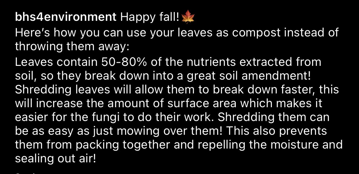BHS4Environment's tweet photo. Instead of trashing them, use your leaves as compost!!🍁🍂🪵 https://t.co/LtftF89TRJ