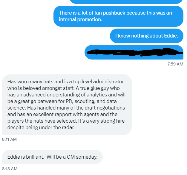 TalkNats's tweet photo. Source: I've been going to sources in-and-out of the #Nats organization and a former #Nats front office person messaged me this about Eddie Longosz and he gave me permission to post a cut-and-paste of the conversation.

Afterwards he messaged me, "It’s all true you can ask anyone in baseball.  Nats never went by the traditional roles assigned.  Eddie is a big part of that front office."
