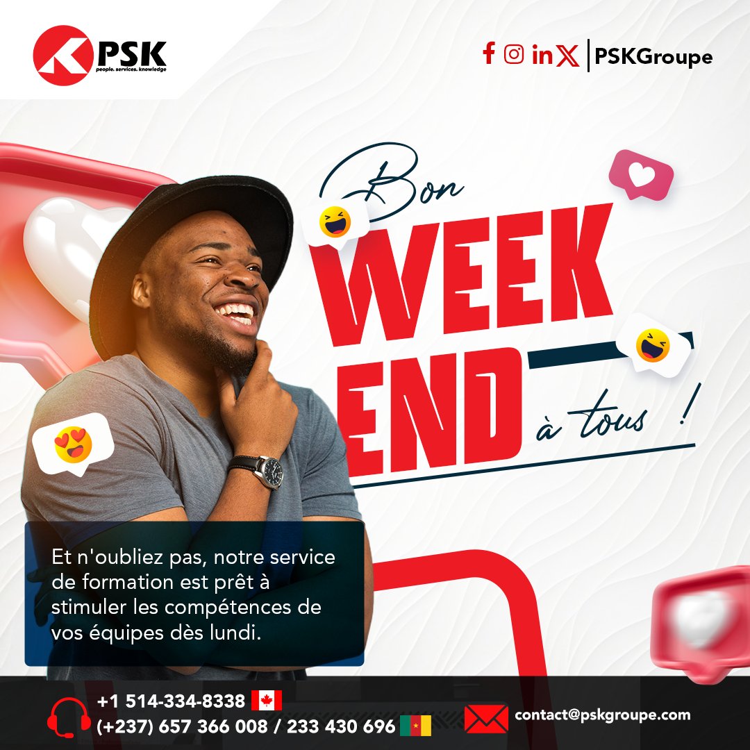 PskGroupe's tweet photo. C'est le week-end !! Nous vous souhaitons un agréable moment de détente et de repos bien mérité.☺️

N'oubliez pas, notre service de formation est prêt à stimuler les compétences de vos équipes dès lundi.

Bon week-end !

#WeekendVibes #Détente #AvenirBrillant #pskcameroun #PSK https://t.co/fFp4Rg3zam
