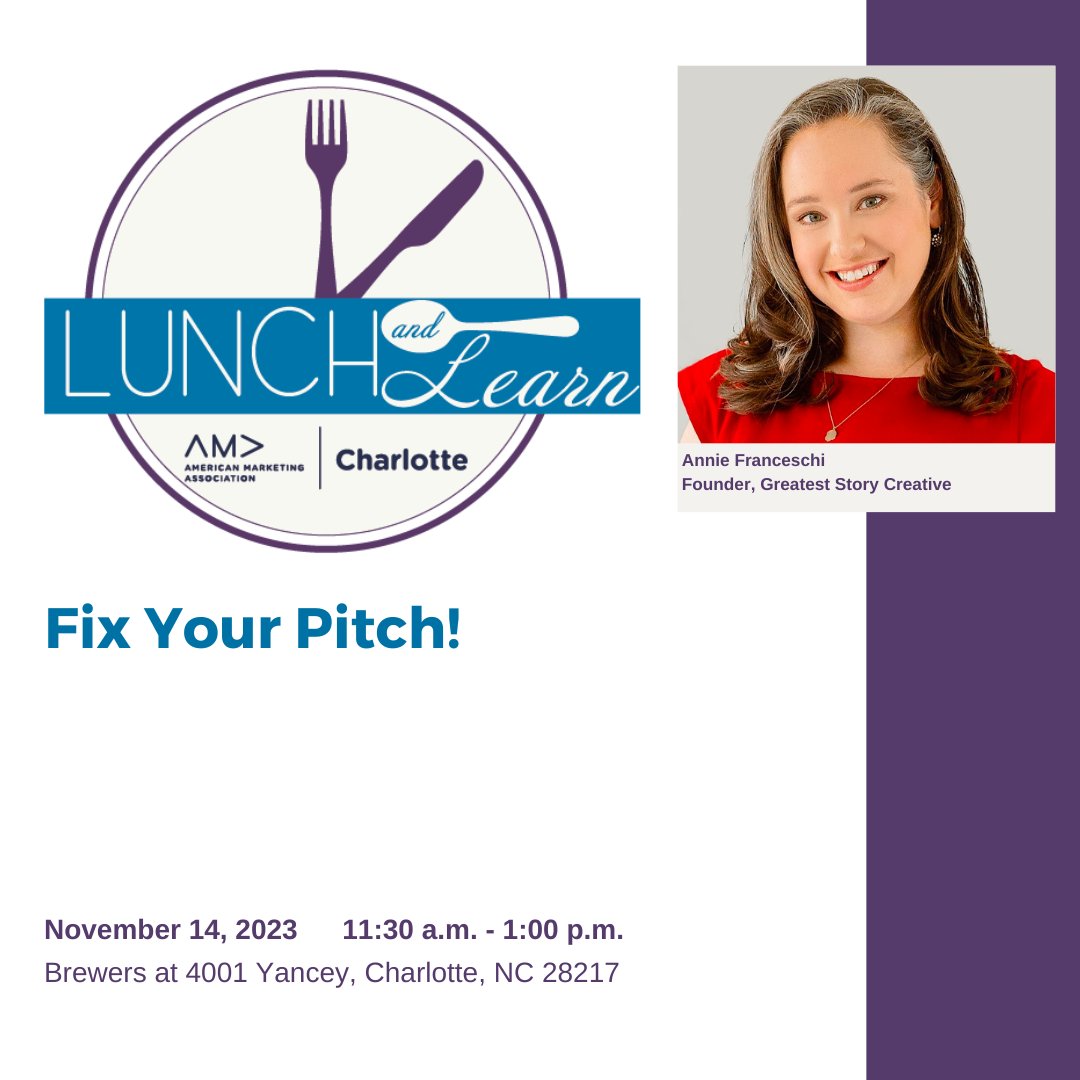 charlotteama's tweet photo. Join us for an exciting event where you will learn the art of perfecting your pitch — all in your lunch break! Whether you're a seasoned marketer or just starting out, this event is for you. 

https://t.co/1YZaFoSipf https://t.co/NaT4K1jmsq