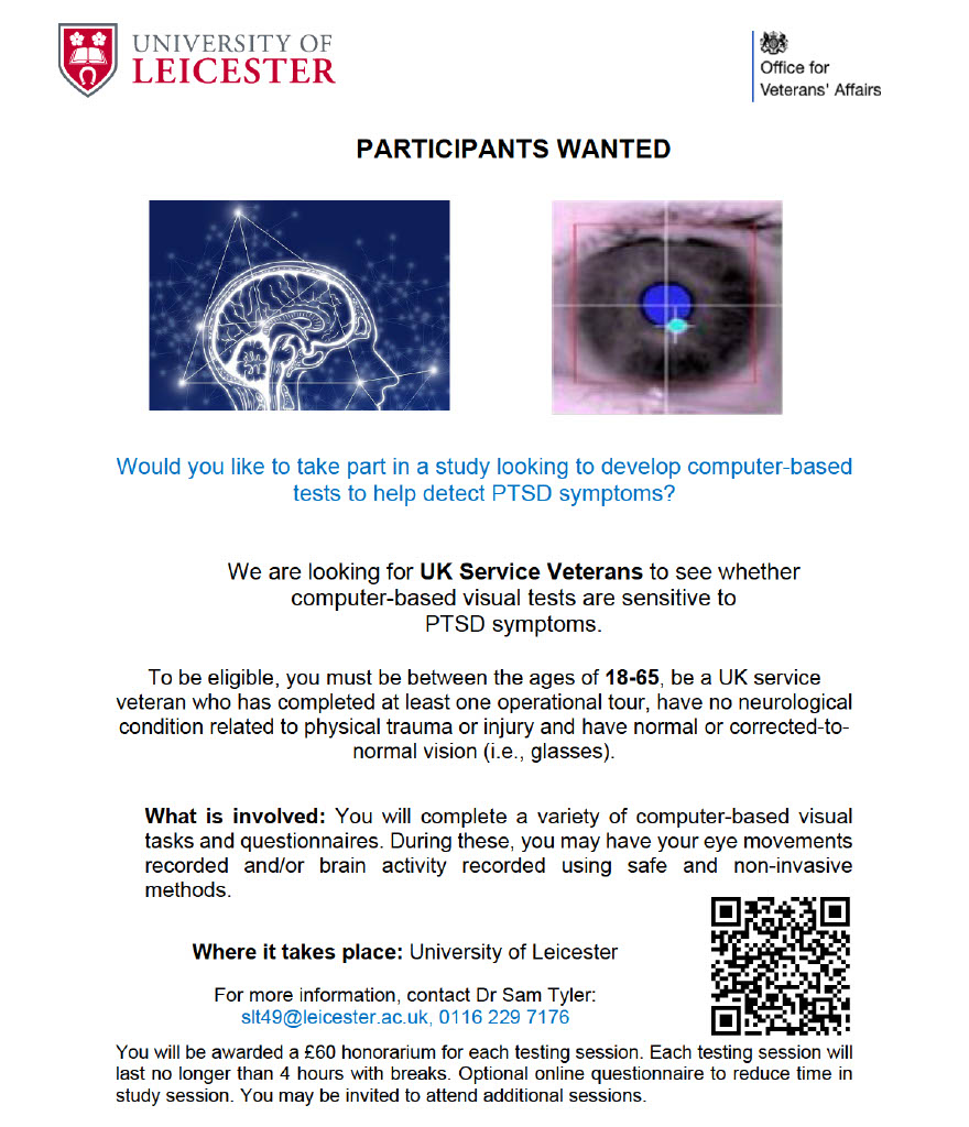 Interested in taking part in #research to develop computer-based tests to help detect #PTSD symptoms? We are looking for UK service #veterans aged 18-65 to help in a study funded by the UK’s Office for Veterans’ Affairs.
If interested, DM us or visit:
barrettlabptsd.github.io/PTSD_Website/