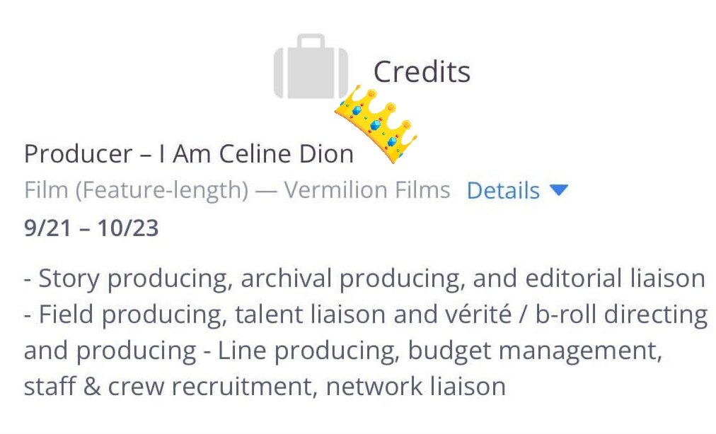 celinebible's tweet photo. 🚨 | TMZ recently reported that Céline Dion has a "big documentary coming out" soon.

Meanwhile, the Vermilion Film's Head of Production has “untitled  Documentary, 2024” listed on her LinkedIn profile. 👀 https://t.co/VZCRThrqA8