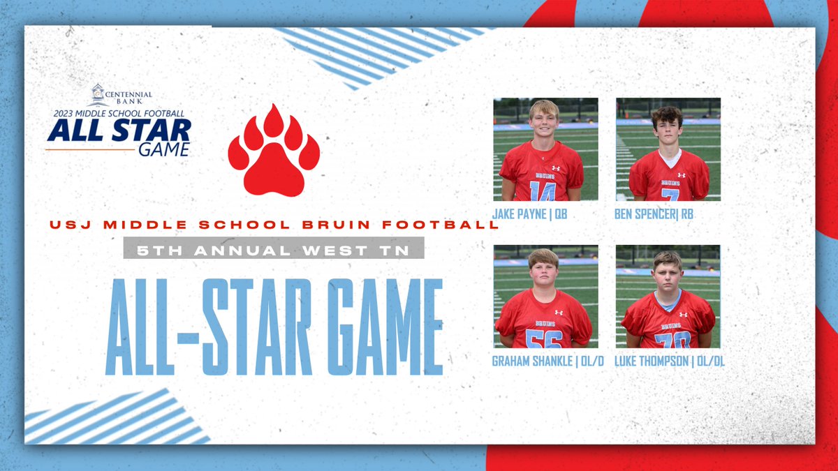 Congratulations to Jake Payne, Ben Spencer, Graham Shankle, and Luke Thompson on being selected for the 5th Annual West Tennessee Middle School Football All-Star Game to represent USJ Bruin Football!

The game is Sat., Nov 4th, @ TCA
6 p.m. kick-off.

Way to go Bruins!