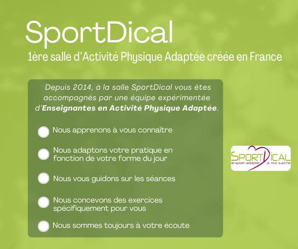 Le saviez-vous ?

Ouverte depuis 2014, SportDical est la 1ère salle d’Activité Physique Adaptée créée en France 🇫🇷 

Située à Saint Malo, c’est une salle différente, conseillée par de plus en plus de médecins. 
sportdical.fr

#SportSurOrdonnance #stapsAPA #EAPAS