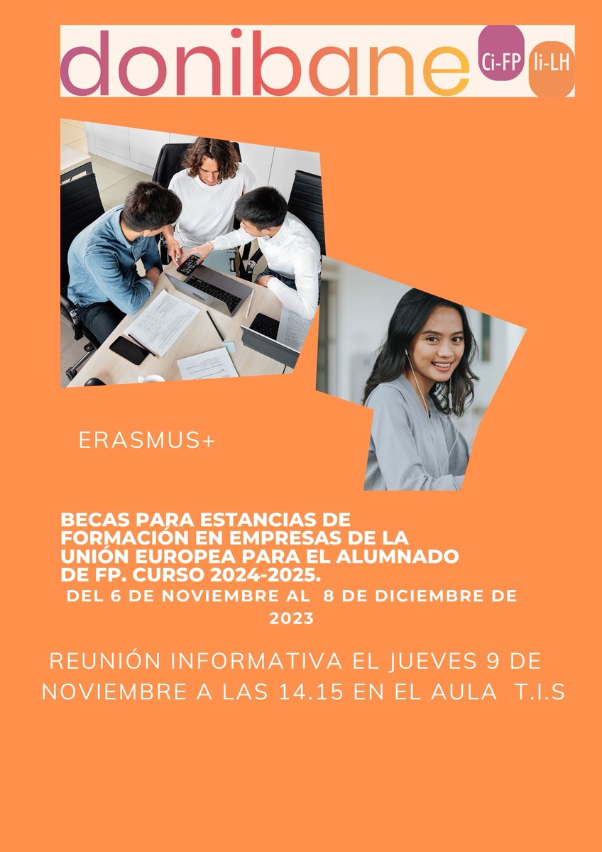 Si quieres hacer tu FCT el curso que viene a un país europeo de vuestra elección, esta es tu oportunidad.
Solicita una Beca para estancias de formación en empresas de la Unión Europea para el alumnado de FP. Curso 2024-2025.
Más información, ponte en contacto con tu tutor