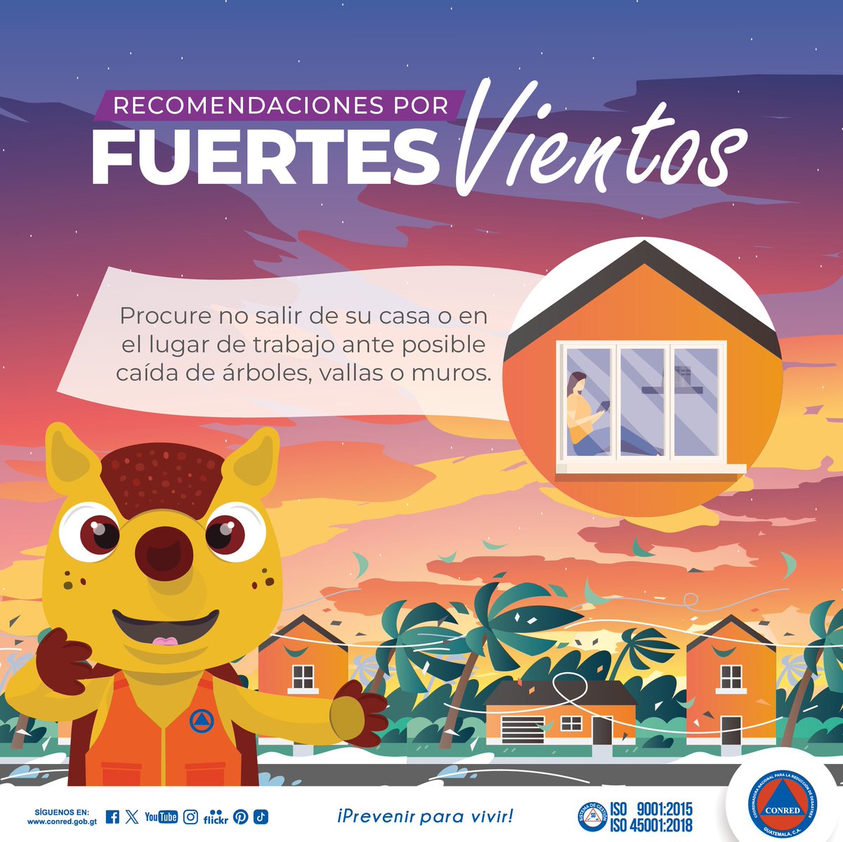 La Secretaría Ejecutiva de la CONRED recomienda no salir de su casa o trabajo durante la presencia de fuertes vientos, ya que podrían caer árboles, vallas o muros. #PrevenirParaVivir