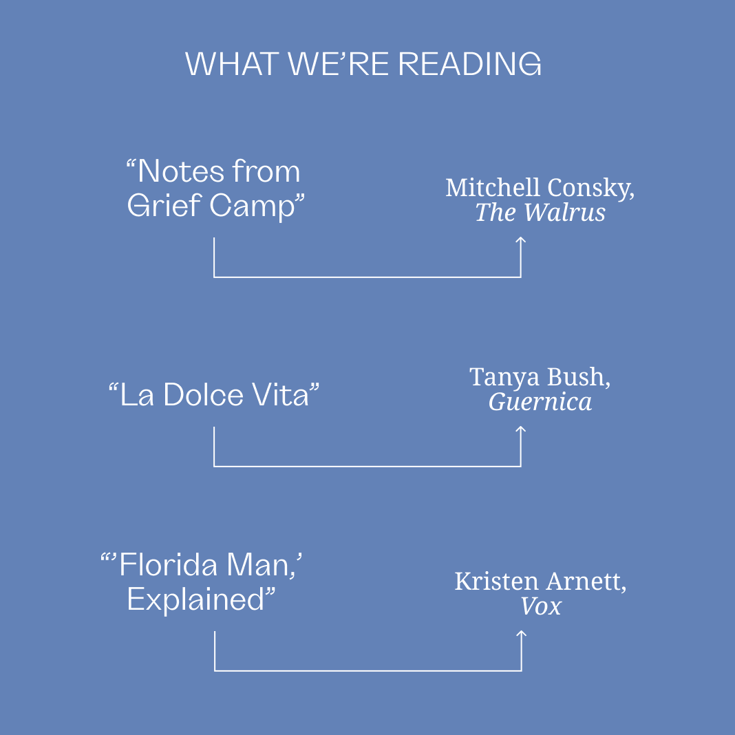 Off Assignment (@offassignment) on Twitter photo This week, we're reading about: <a href="/mitchellconsky/">Mitchell Consky</a> on a camp that help children cope with grief, Tanya Bush on a baker's nightmarish stage at a Tuscan hotel, and
<a href="/Kristen_Arnett/">Kristen Arnett</a> on breaking down the idea of "Florida Man." mailchi.mp/offassignment/… This week, we're reading about: <a href="/mitchellconsky/">Mitchell Consky</a> on a camp that help children cope with grief, Tanya Bush on a baker's nightmarish stage at a Tuscan hotel, and
<a href="/Kristen_Arnett/">Kristen Arnett</a> on breaking down the idea of "Florida Man." mailchi.mp/offassignment/…