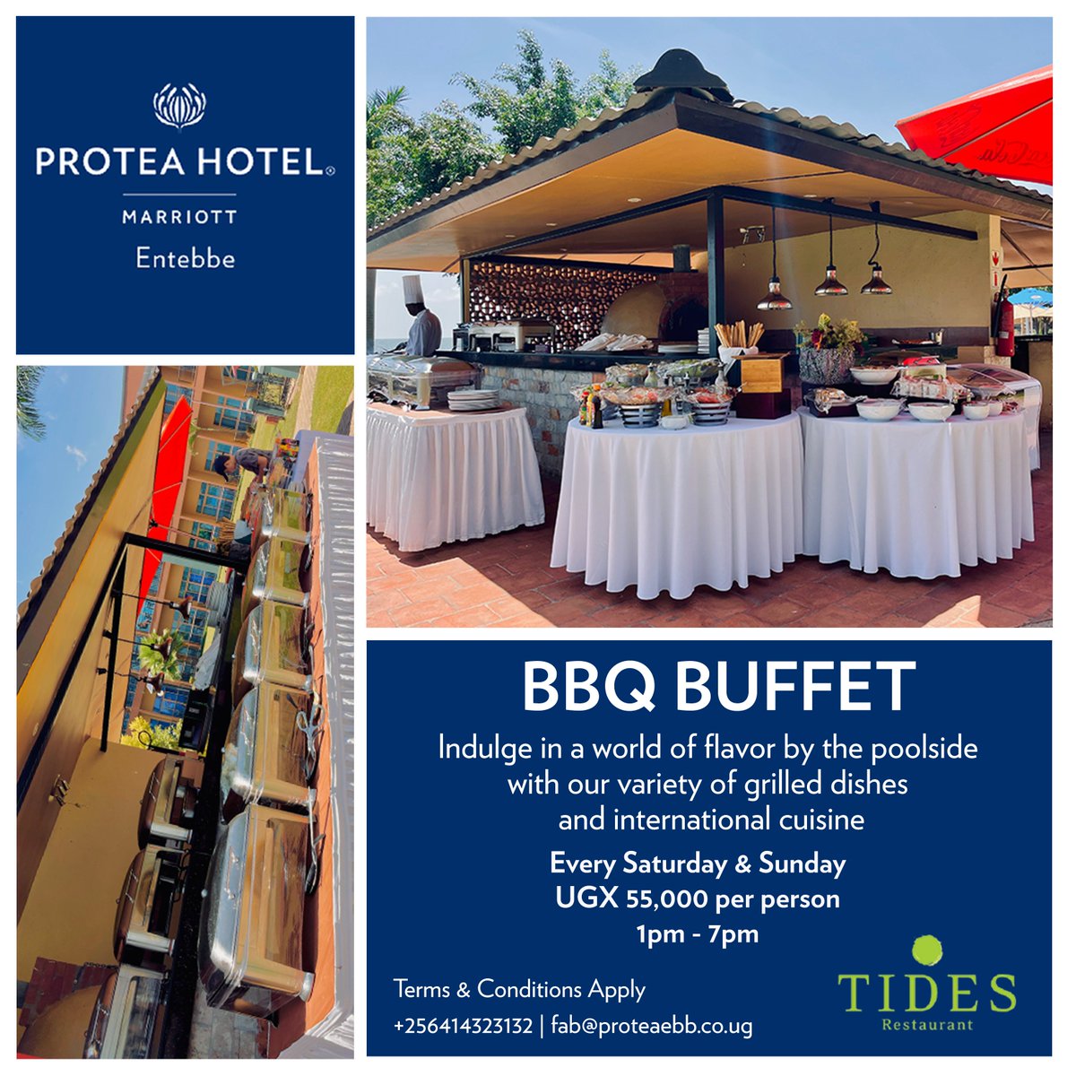 ProteaEntebbe's tweet photo. Dive into the weekend vibes with our sizzling BBQ buffet by the pool! ๐๐
Join us this Saturday and Sunday from 12:30 pm to 5 pm for a feast you won't forget. Just Ugx 55,00 per person!
See you there! ๐ฅ๐ฝ๏ธ
#ProteaEntebbe #PoolsideBBQ https://t.co/W6tkIPvELY
