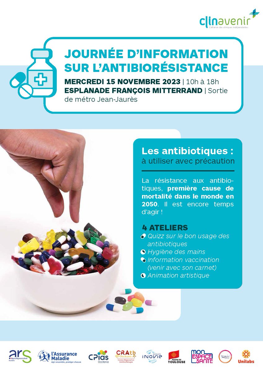 [#Prévention #Antibiotiques]💊
La @Cpam_31 sera présente avec @ARS_OC @CPIASOccitanie @Toulouse @tisseo_officiel @CratbOccit21865 @GroupeInovie @unilabs à la journée sur l'#antibiorésistance organisée par clinavenir.

#FIERSDEPROTEGER #Monespacesanté #GestesBarrières #Vaccination