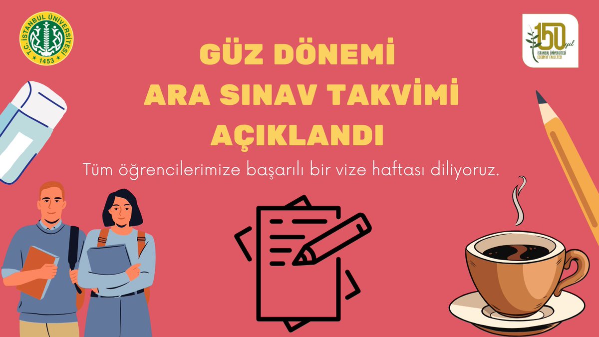 Fakültemiz 2023-2024 Eğitim-Öğretim Güz Yarıyılı Ara (Vize) Sınavları 13-24 Kasım 2023 tarihleri arasında yapılacaktır. 

Öğrencilerimize sınavlarında başarılar dileriz.

Sınav Programı için👉 edebiyat.istanbul.edu.tr/tr/duyuru/2023…
