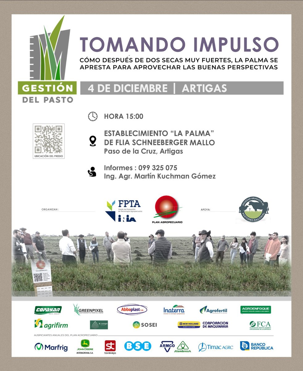📝¡Para agendar!
🗓️4/12⏰15hs📍Paso de la Cruz,Artigas

Jornada pública #GestiónDelPasto "Tomando impulso.Cómo después de 2 secas muy fuertes, La Palma se apresta para aprovechar buenas perspectivas"📌Est. Lab. "La Palma", Flia. Schneeberger Mallo

#FPTA #INIA #PlanAgro <a href="/supraorg/">SUPRAORG</a>