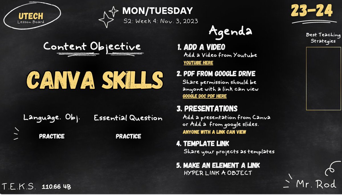 I am getting to go to a session here in Region One #utech23 and Mr. Rod is having us participate as we do a Canva Lesson Board. THIS IS EVERYTHING.  We all need to add those participatory elements elements... it keeps even adult learners engaged. Bravo Ceasar!