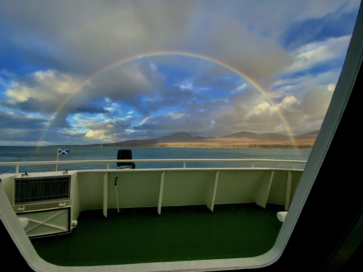 A rare full rainbow 🌈 over Jura as we leave Port Askaig this afternoon @CalMacFerries