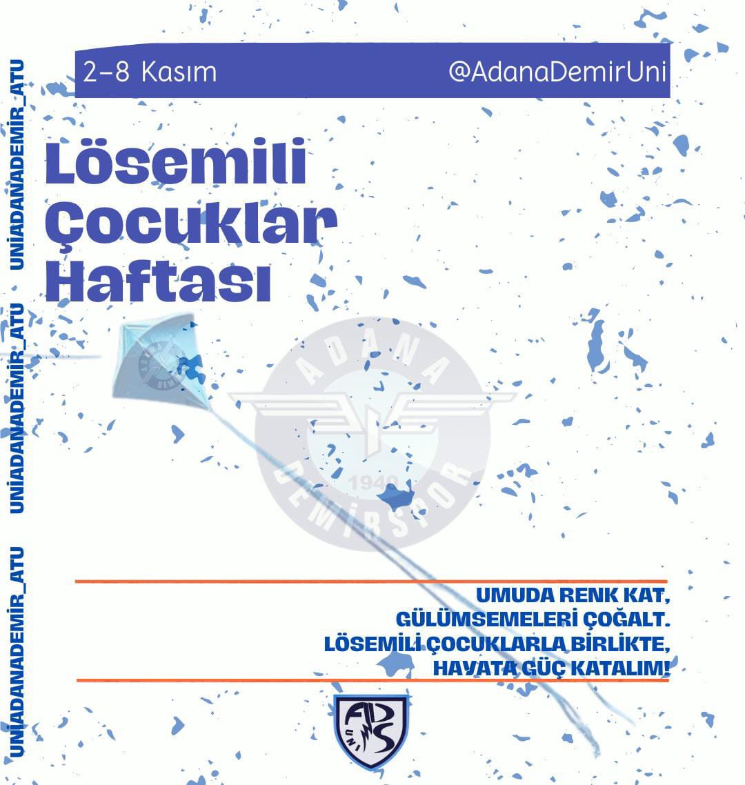 “Lösemili Çocuklar Haftası” minicik bedenlerdeki kocaman yüreklerin sevgi ile kucaklaşacağı, toplumsal farkındalığın sağlanacağı bir haftadır. 2-8 Kasım “Lösemili Çocuklar Haftası” 💙  Lösemi değil, iyilik bulaşır. 

#lösev #lösemi #adanademirspor #üniadanademir