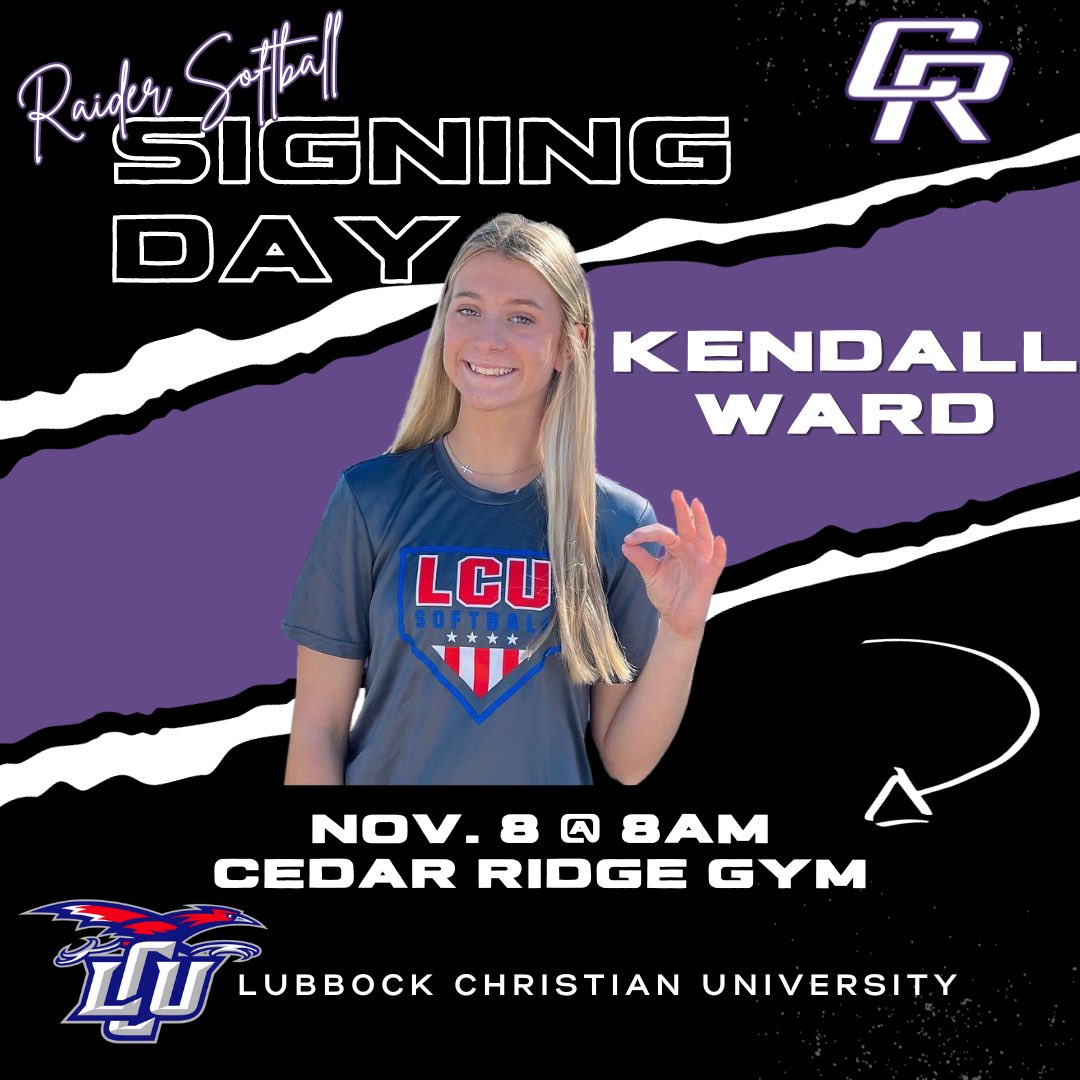 CEDAR RIDGE RAIDER SOFTBALL (@crhssbbooster) on Twitter photo Super proud of our senior Kendall Ward! Please come join us celebrate her as she signs her national letter of intent. #WeAreCR 🖤🥎💜<a href="/kendall_wardd/">Kendall Ward</a> <a href="/CedarRidgeHigh/">CRHS</a> <a href="/LadyRaiderAth/">Lady Raider Athletics</a> Super proud of our senior Kendall Ward! Please come join us celebrate her as she signs her national letter of intent. #WeAreCR 🖤🥎💜<a href="/kendall_wardd/">Kendall Ward</a> <a href="/CedarRidgeHigh/">CRHS</a> <a href="/LadyRaiderAth/">Lady Raider Athletics</a>