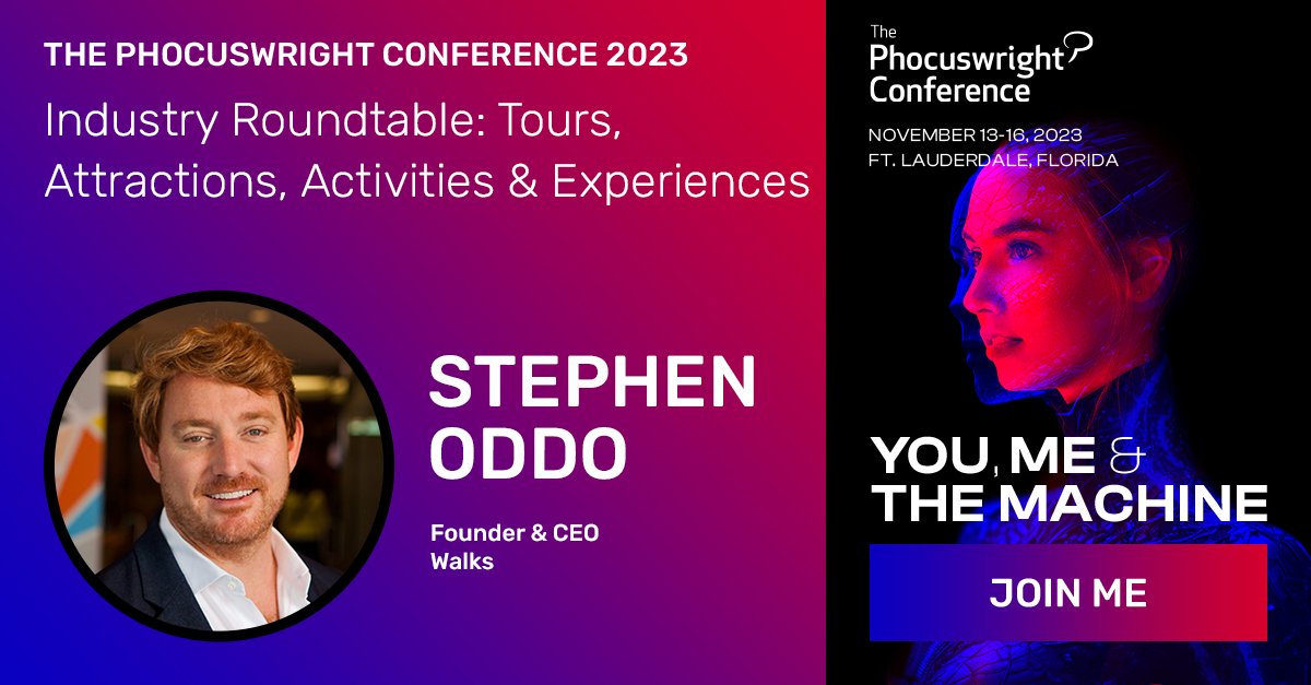 President of @Walks & @devourtours, @StephenOddo, will be speaking at this year's @Phocuswright Conference, one of travel’s biggest innovation & leadership events. Catch him on on the Tours, Attractions, Activities & Experiences panel on 11/13. More info: phocuswrightconference.com/Program/Indust…