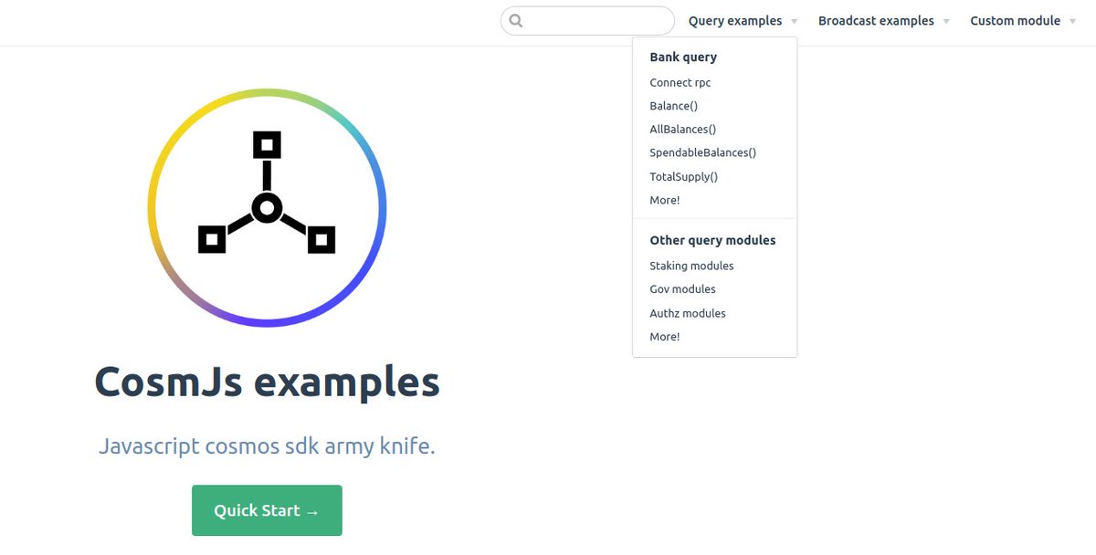 atmon3r's tweet image. I started a documentation of example usage of cosmJs. I think this could really be useful for a lot of people! 👀
 
Ping @simon_warta &amp;amp; @pyramation