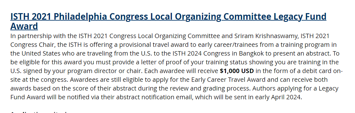 Attention U.S.-based researchers: We have a new travel award for you to attend the #ISTH2024 Congress, provided by the organizers of the ISTH 2021 Congress. Learn more here and plan to submit and abstract! isth2024.org/travelawards