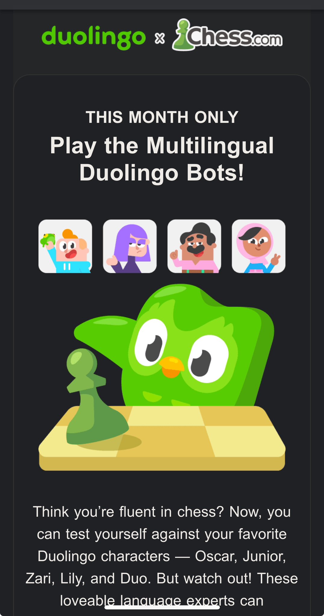 Duolingo brings 12 languages to Chess.com with multilingual bots