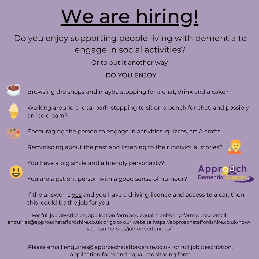 ApproachStaffs's tweet photo. For more information, application form, full job description and closing dates please go to our website.
https://t.co/DrrzoAK1J7
If you would like to learn more about what the role of Dementia Support Worker is please have a look at this video.
https://t.co/FMubAYPzGk https://t.co/ILrAWVBSPu