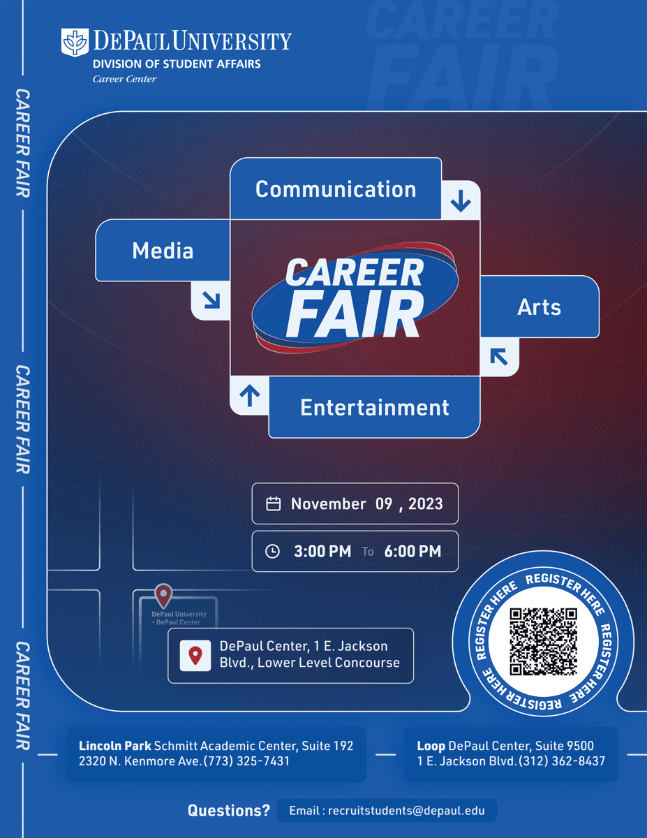 Jarvis College of Computing and Digital Media (@cdmdepaul) on Twitter photo Join the <a href="/depaulcareerctr/">DePaul Career Center</a> for the Media, Communication, Arts & Entertainment Career Fair on November 9th from 3-6pm in the DePaul Center. Students + alumni from all majors and all years are invited. Join the <a href="/depaulcareerctr/">DePaul Career Center</a> for the Media, Communication, Arts & Entertainment Career Fair on November 9th from 3-6pm in the DePaul Center. Students + alumni from all majors and all years are invited.