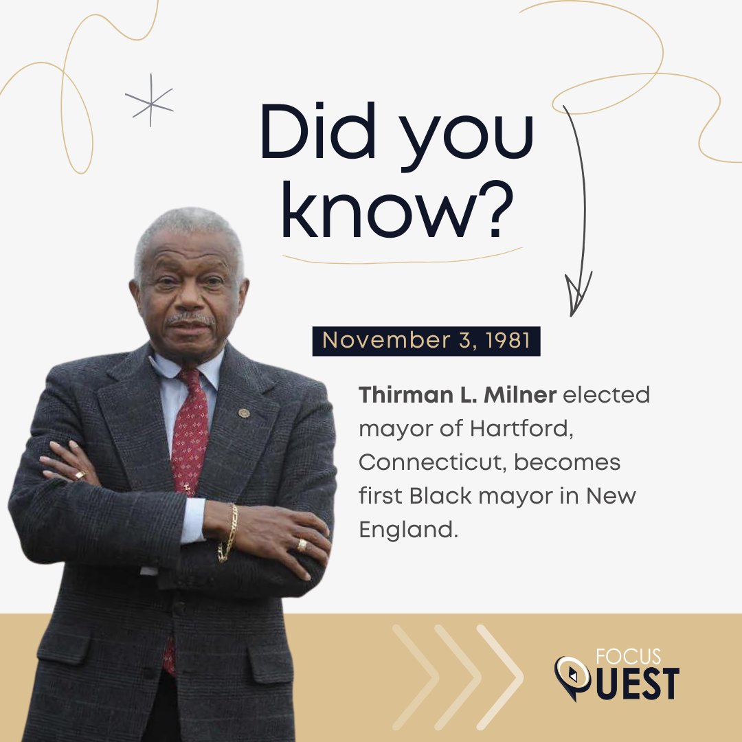On Nov 3, 1981, a historic moment in Hartford, CT: Thirman L. Milner became New England's first Black mayor. This achievement shows resilience & leadership in the African American community, inspiring change. Celebrate such moments, they drive diversity & progress. 🙌 #BlackMayor