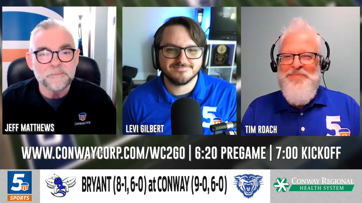 5SportsLive's tweet photo. Jeff Matthews is joined by the Voices of the Wampus Cats, Levi Gilbert and Tim Roach, with a preview of tonight's matchup between Conway and Bryant!  Watch online at https://t.co/rjgQGD1U5O #sixlegs #bethebest #wc2go https://t.co/bdPcOdD3CW… via
@YouTube https://t.co/Spzz1lmRoX