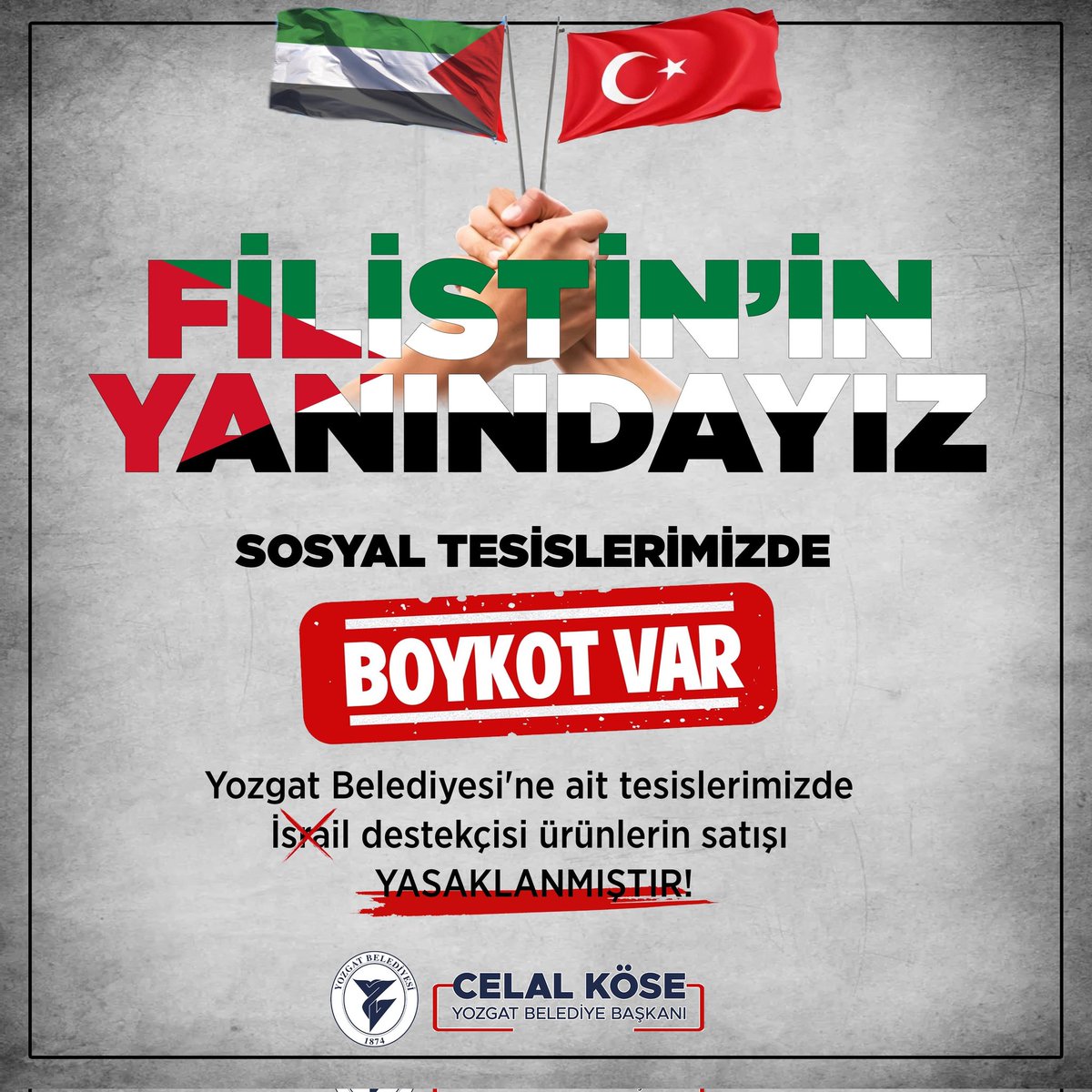 🇹🇷🇵🇸Mazlumun Yanında
Zalimlerin Karşısındayız... 
Belediyemize ait sosyal tesislerde Filistin'de ki Müslüman kardeşlerimize zulmeden işgalci İsrail'e ait markaların ürünleri satılmamaktadır.

#YozgatBelediyesi