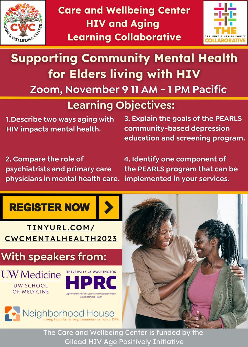 CWC_West's tweet image. There's still time to register for our next virtual HIV and Aging Learning Collaborative "Supporting Community Mental Health for Elders Living with HIV"
register here: tinyurl.com/CWCMentalHealt… #hiv #hivandaging #mentalhealth #HIVLTS