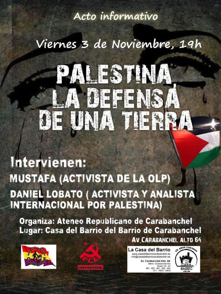 En Gaza hay un auténtico genocidio en marcha. Si queremos conocer la situación, mostrar nuestra solidaridad con las víctimas, dar a este tema la importancia que merece, esta tarde en #Carabanchel, hay 2 actos en solidaridad con Palestina: <a href="/CasaDelBarrio/">Casa Del Barrio</a> y en el <a href="/EKO_Carabanchel/">ESLA Eko</a>