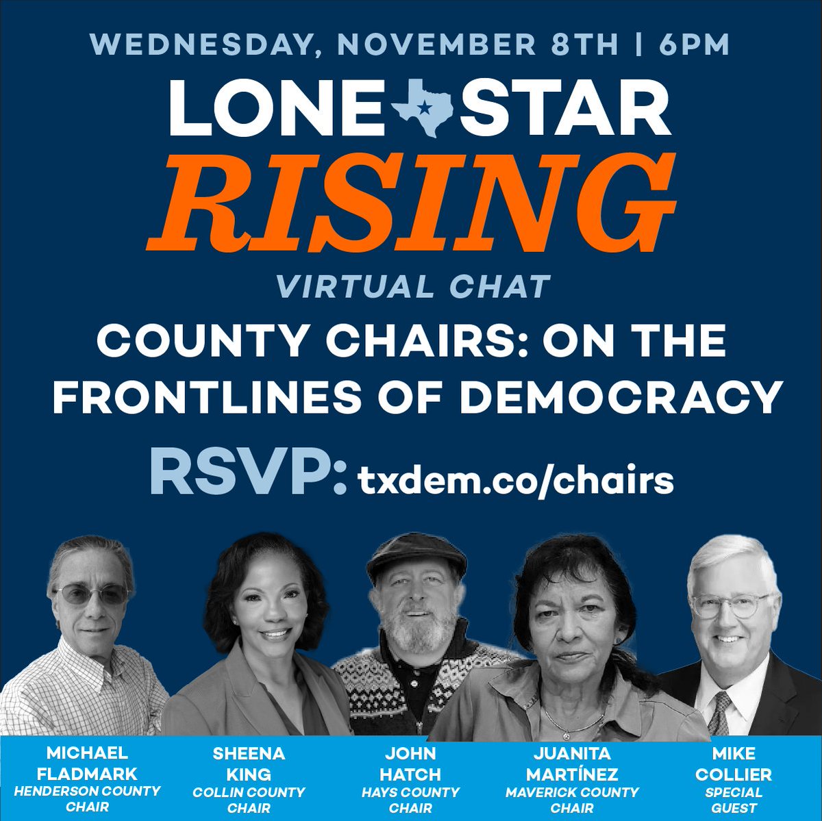 Texas Democrats (@texasdemocrats) on Twitter photo From organizing communities to building electoral infrastructure, County Chairs are critical to preserving our democracy.
On 11/8 join Democratic County Chairs and special guest <a href="/CollierForTexas/">Mike Collier</a> for "County Chairs: On The Frontlines of Democracy"!
RSVP: txdem.co/Chairs From organizing communities to building electoral infrastructure, County Chairs are critical to preserving our democracy.
On 11/8 join Democratic County Chairs and special guest <a href="/CollierForTexas/">Mike Collier</a> for "County Chairs: On The Frontlines of Democracy"!
RSVP: txdem.co/Chairs