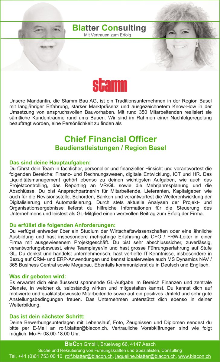 Sie verfügen über ein Wirtschaftsstudium oder eine ähnliche Ausbildung und haben  Erfahrung als CFO mit Projektgeschäft? Dann haben wir ein spannendes Stellenangebot für Sie.

#CFO #frw #projektcontrolling #Liquiditätsplanung #Führungserfahrung #bauunternehmen #regionbasel