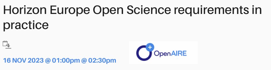 Webinar Horizon Europe Open Science requirements in practice
Project coordinators and research support staff <a href="/UniLeiden/">Universiteit Leiden</a>, <a href="/OpenAIRE_eu/">OpenAIRE</a> is hosting this session to inform you on requirements regarding #openaccess and research data 
openaire.eu/eventdetail/11…