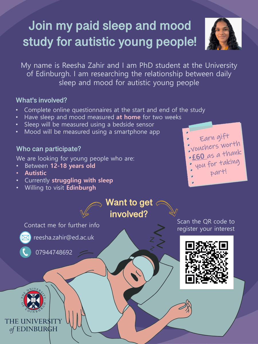 reeshazahir's tweet photo. I’m so pleased to announce that my PhD study is now open for participants! 😁

Invited: Autistic young people between 12-18 years old, currently struggling with sleep (no sleep diagnosis needed), and willing to attend an in-person meeting in Edinburgh

Please share and RT! https://t.co/s6OCmTzZGZ