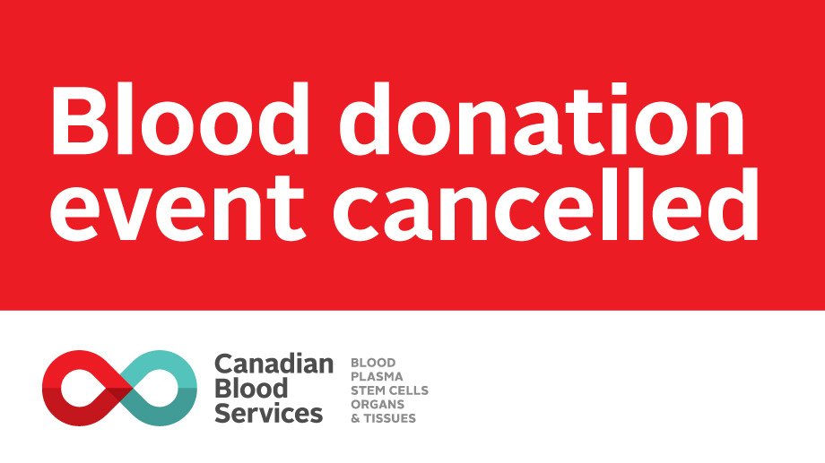 Attention Kingston area donors! The following blood donation events have been canceled: St. James The Minor Church – TODAY, November 3rd, 2:30 p.m. – 6:30 p.m. Kingston Donor Centre – TOMORROW, November 4th, 10:00 a.m. – 3:00 p.m.