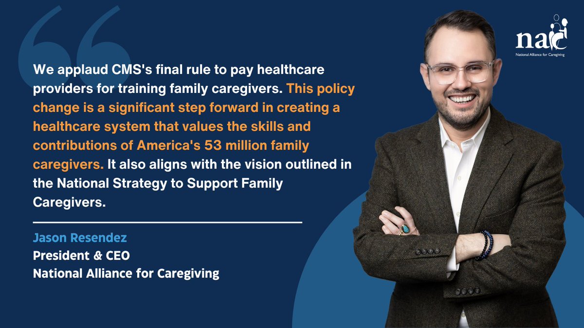 NA4Caregiving's tweet photo. Big news! @CMSGov issued its final rule to pay healthcare providers to train caregivers. We championed this change through the #ActOnRAISE campaign to bring the Nat'l Strategy to Support Family Caregivers to life! Read our statement 👇 &amp; learn more here: https://t.co/d5TqKEUW28 https://t.co/3IF2NEtJmV