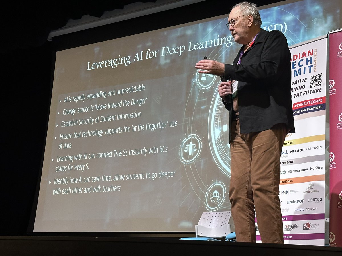 YKrawiecki's tweet photo. .@MichaelFullan1 on the topic of AI and Deep Learning.
We are at the tip of transformation.
Generative AI meets Generative Collaboration. Culture has to be in charge! No limits to what can be accomplished.
#CDNEDTECH23 https://t.co/AnQGlWuTUe