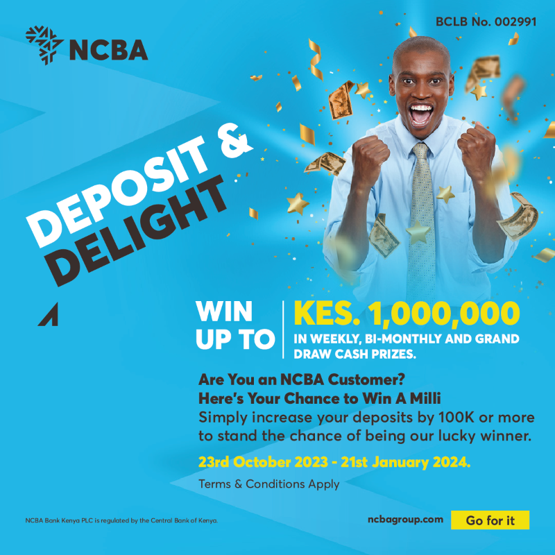 NCBABankKenya's tweet photo. Open an NCBA account with a minimum deposit of KES 5,000 and stand a chance to win up to KES 1 Million in our Deposit draw! To start, visit a branch, call 0711 056 444 or 0732 156 444, or email contactcentre@ncbagroup.com to open your account and win! #GoForIt #NCBADepositDelight https://t.co/3Fc8Xb4LlK