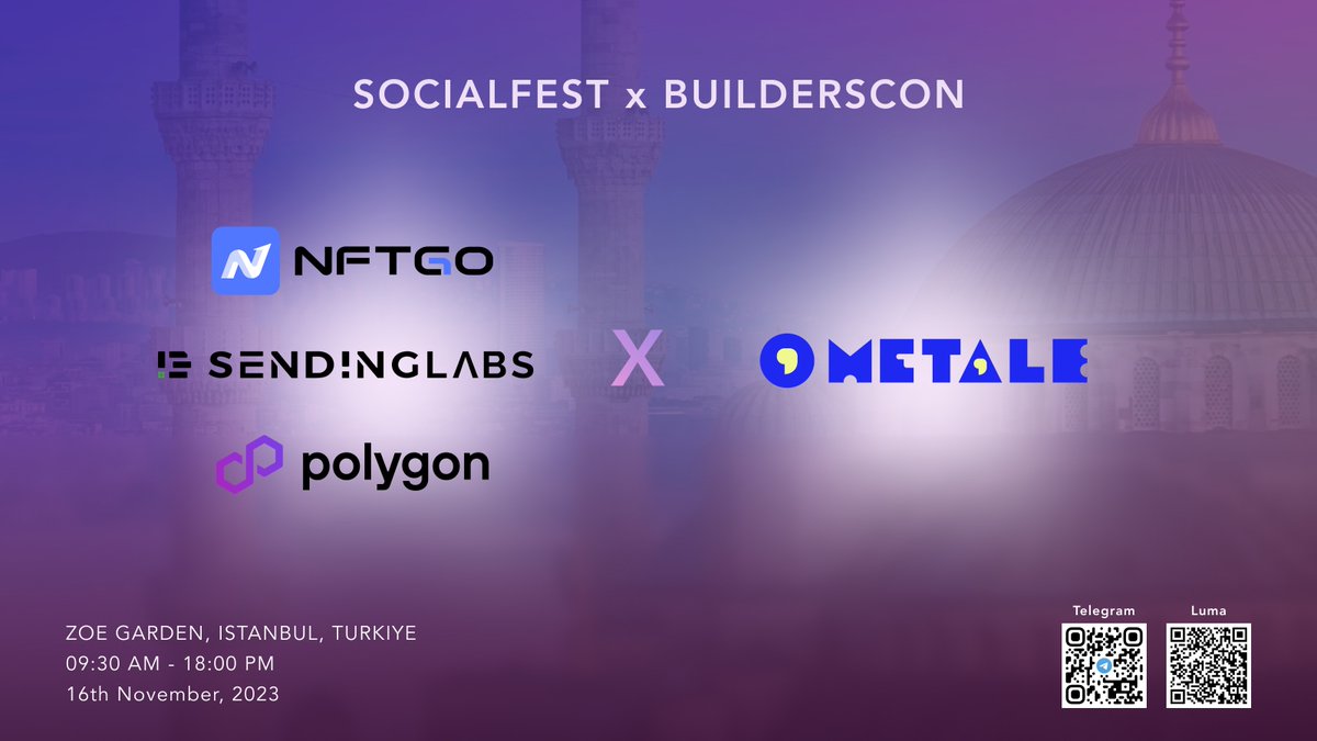 TaleX_chain's tweet photo. Thrilled to support SocialFest X BuildersCon, hosted by @nftgoio, @SendingLabs, and @0xPolygon! 🎉
Don't miss out — scan the QR code to join this unique side event and for a chance to receive a limited edition NFT airdrop! 🎁
https://t.co/anpwSCGkt7 https://t.co/ojPhYKhhlr