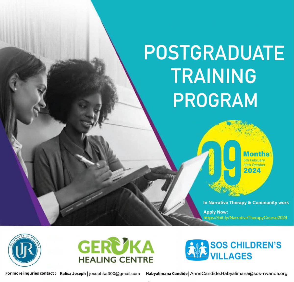 The UR-Center for Mental Health calls for applications:
Post Graduate Training Program in Narrative Therapy 
<a href="/Uni_Rwanda/">University of Rwanda</a>
<a href="/Center4MentalHe/">CMHS-Center for Mental Health</a>