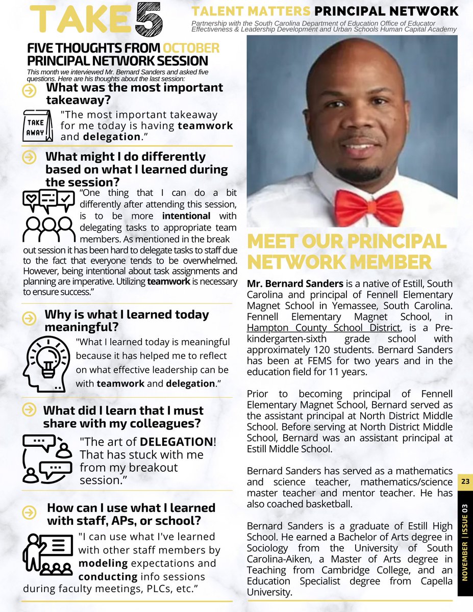 drgsedwards's tweet photo. Great October Talent Matters Principal Network session @theushca @EducationSC #oeeld
Featured principal Mr. Bernard Sanders @hamptoncountysd Fennell Elementary Magnet School @TownOfYemassee https://t.co/ryIb2QsYIT