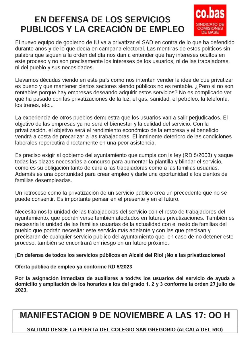 ¡En defensa de los servicios públicos y la creación de empleo!