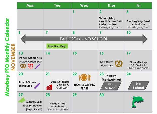 Mawbey1Pto's tweet photo. Lots happening in November! 2 forms due back after break, and PTO members be sure to check your emails for volunteering opportunities! https://t.co/GMg3F1Pvvf